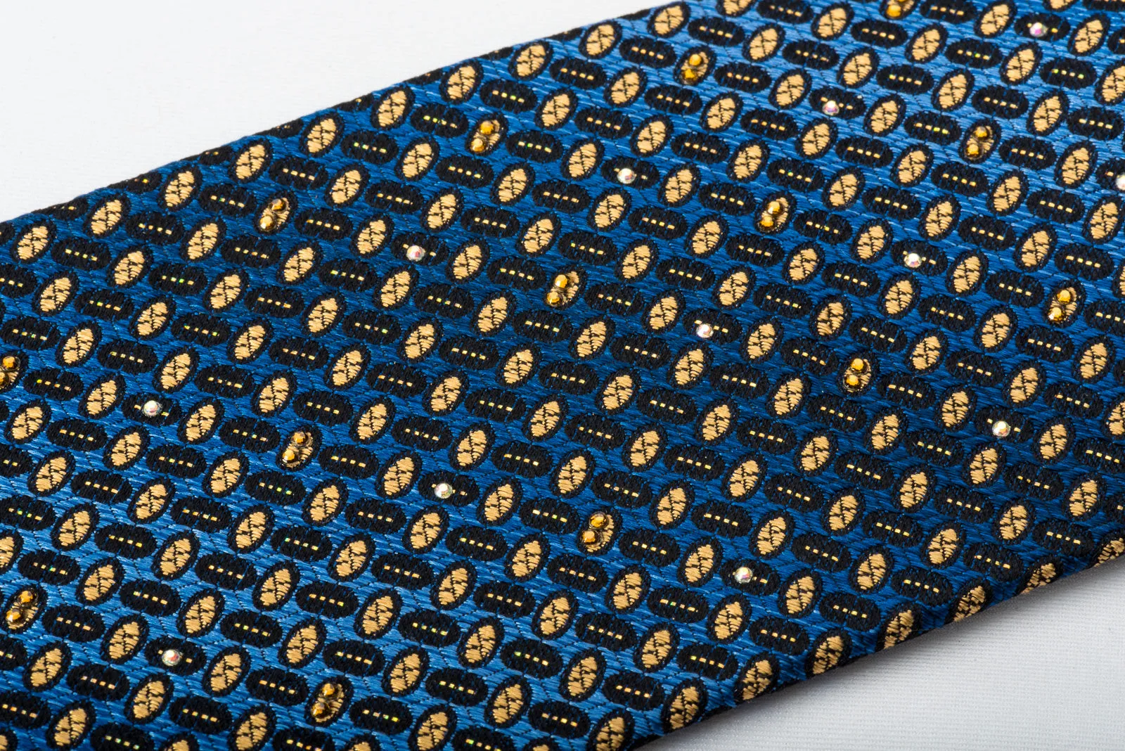 Metro City Rhinestone Silk Necktie Yellow Geometric Dots On Blue With Silver Sparkles
