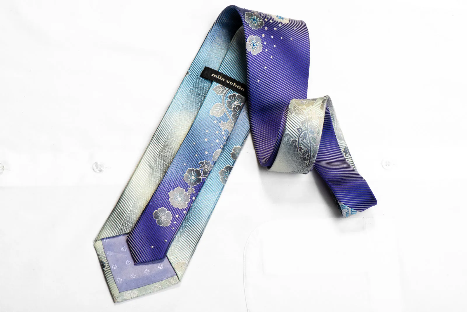 Mila Schon Rhinestone Silk Tie Silver Floral On Purple Blue With Sparkles