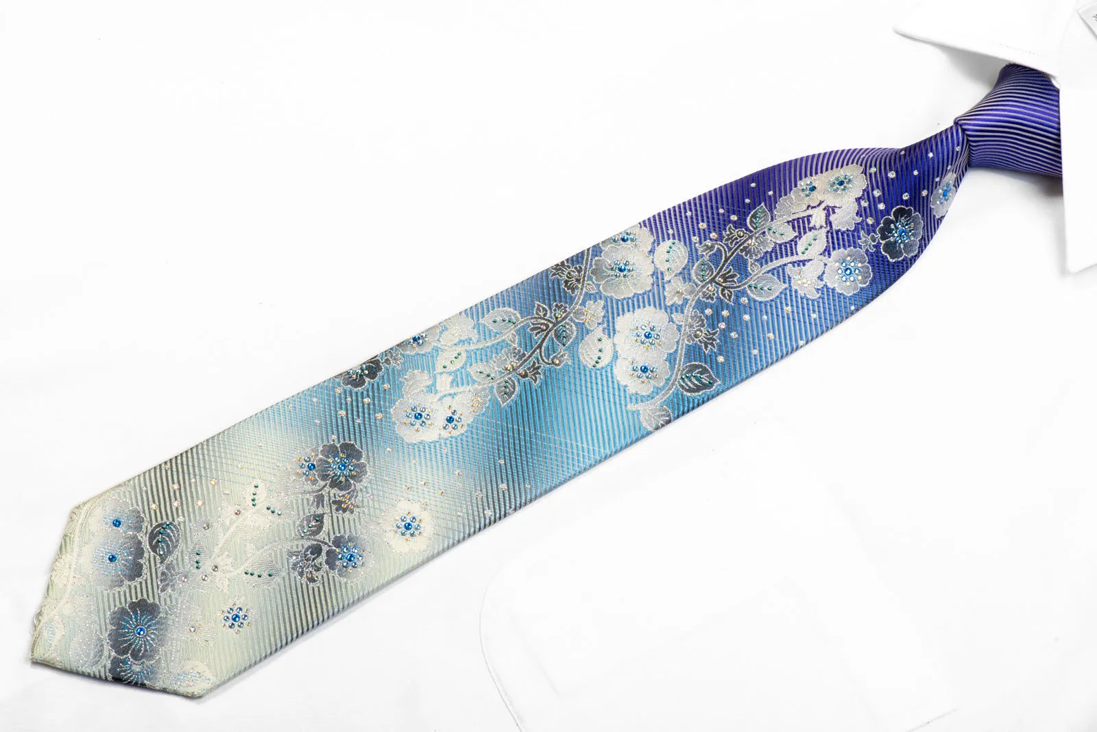 Mila Schon Rhinestone Silk Tie Silver Floral On Purple Blue With Sparkles