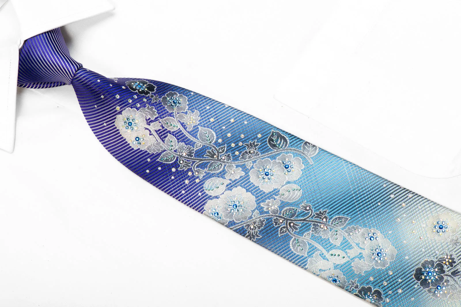 Mila Schon Rhinestone Silk Tie Silver Floral On Purple Blue With Sparkles