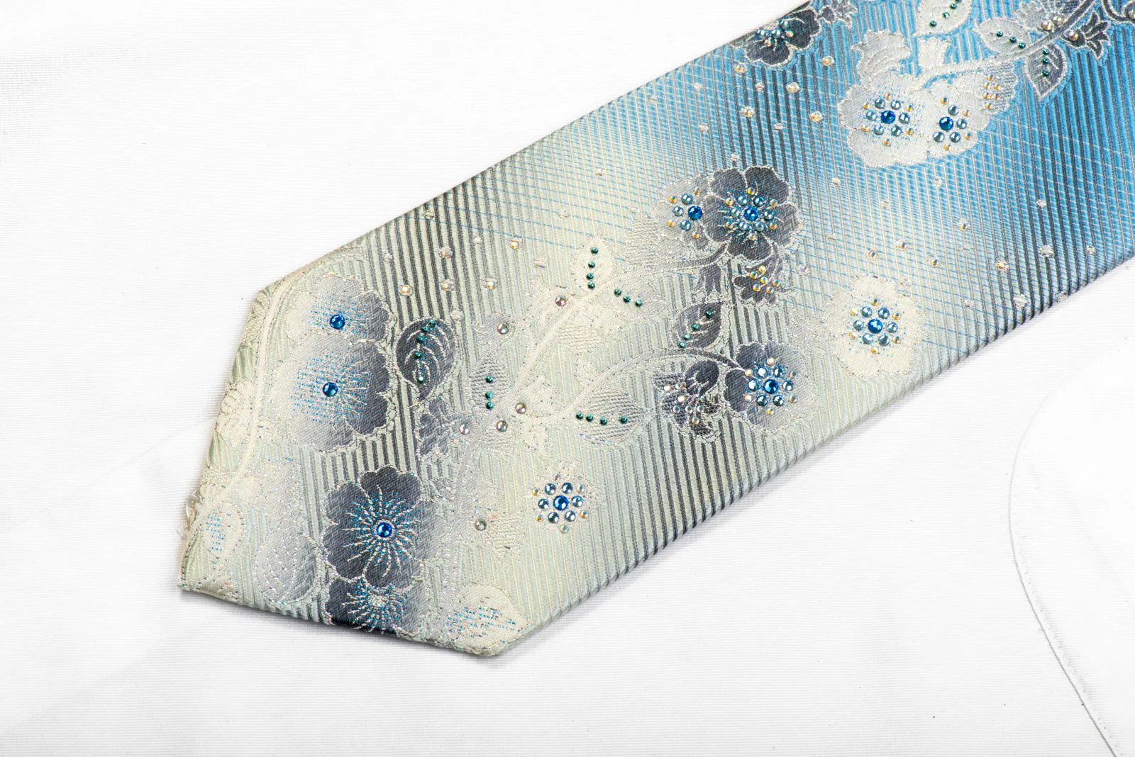 Mila Schon Rhinestone Silk Tie Silver Floral On Purple Blue With Sparkles