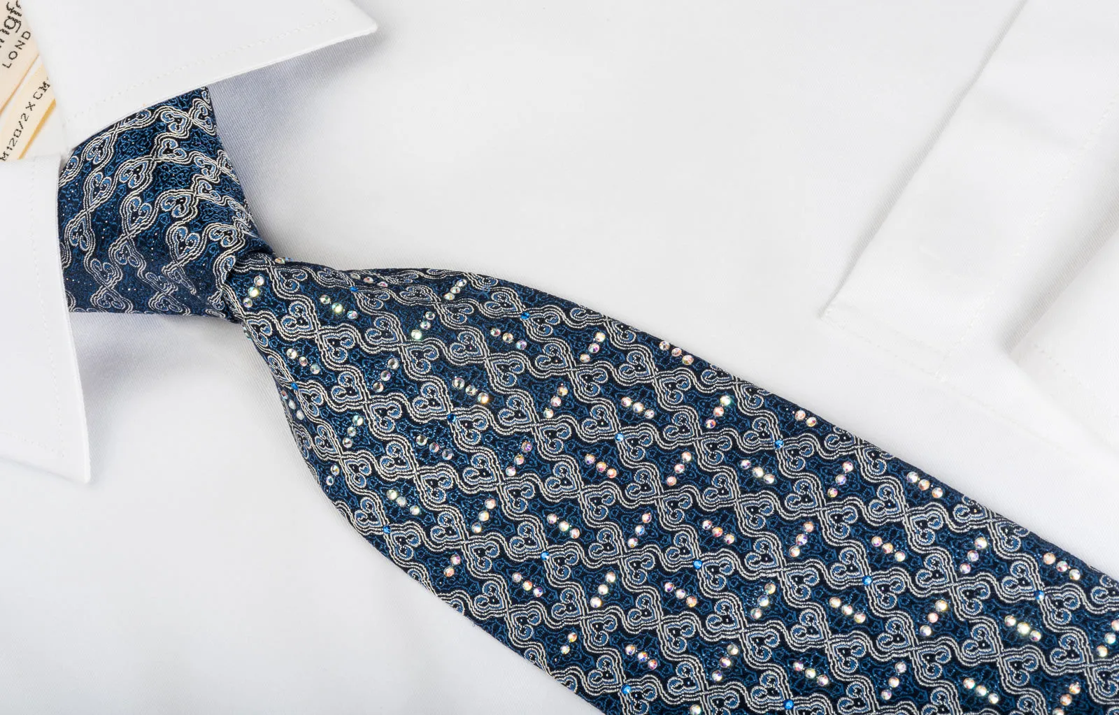 Premierlux Silk Rhinestone Necktie Cartouche On Blue With Silver Sparkles