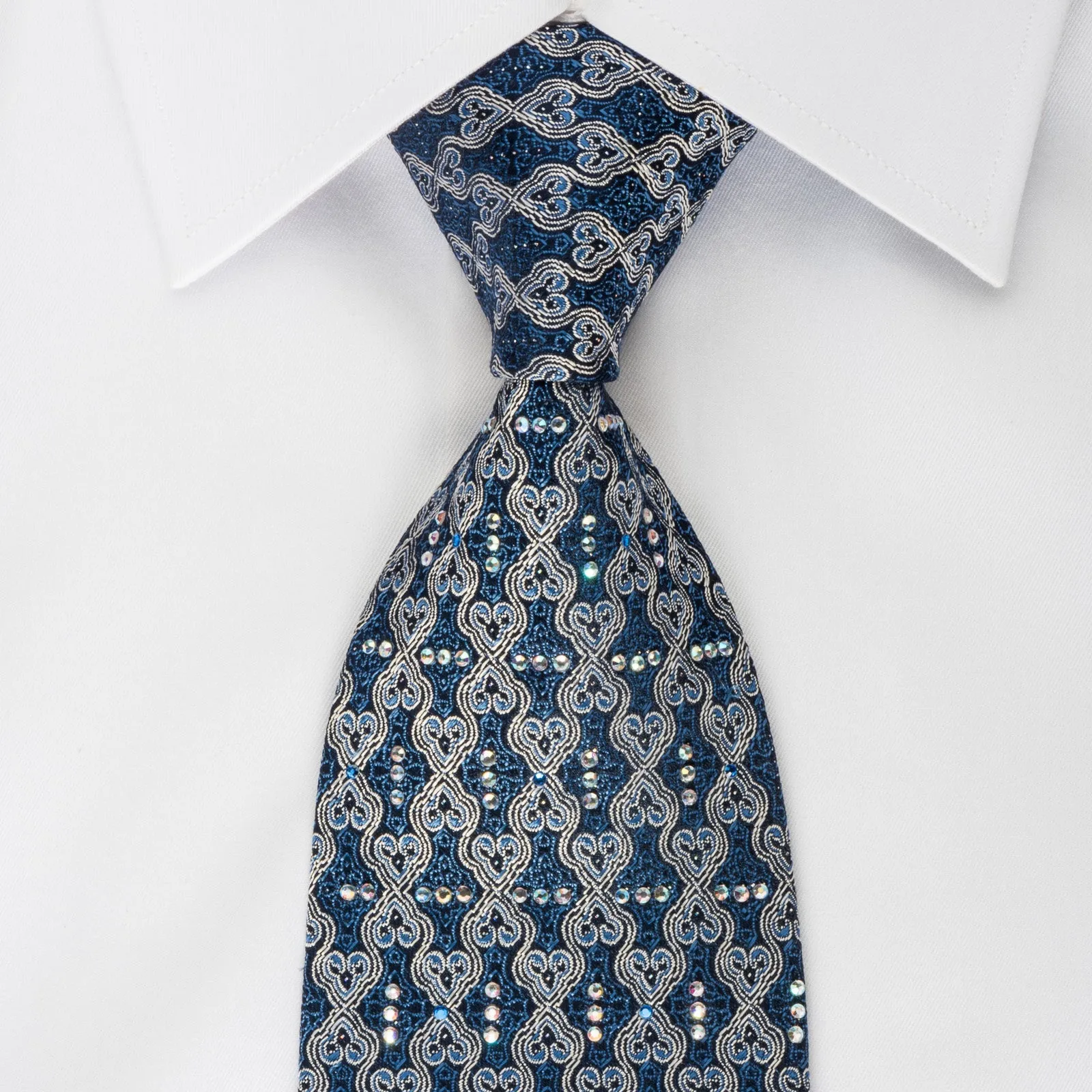 Premierlux Silk Rhinestone Necktie Cartouche On Blue With Silver Sparkles