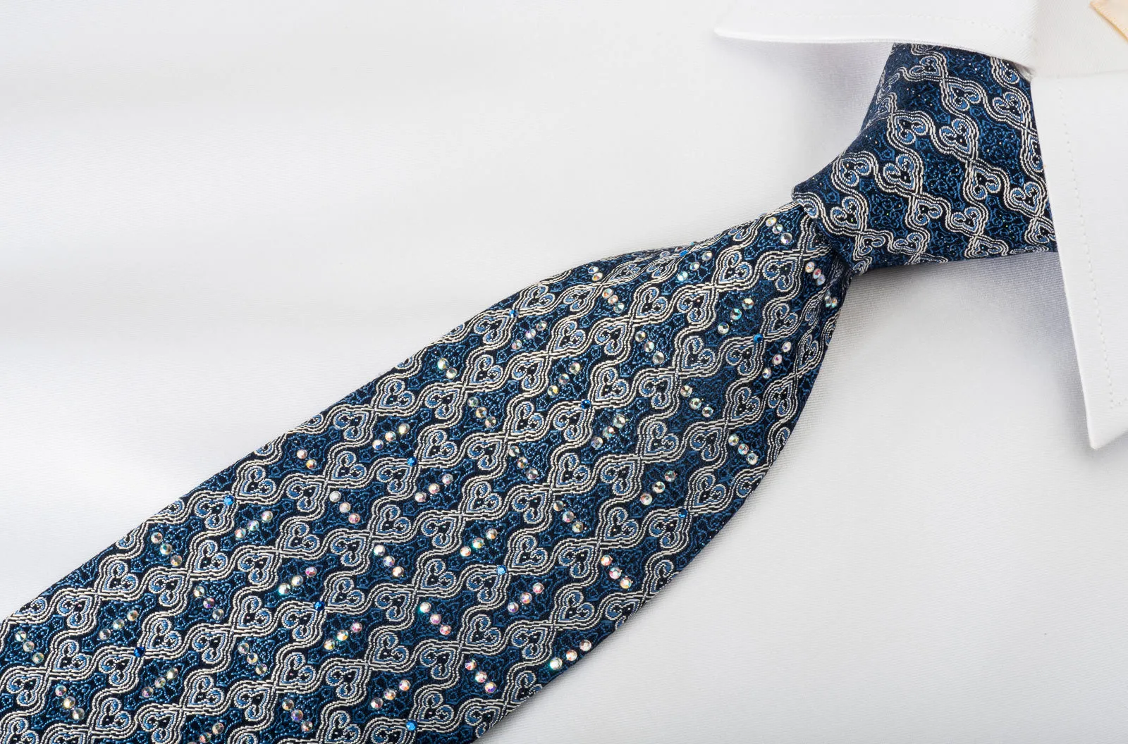 Premierlux Silk Rhinestone Necktie Cartouche On Blue With Silver Sparkles