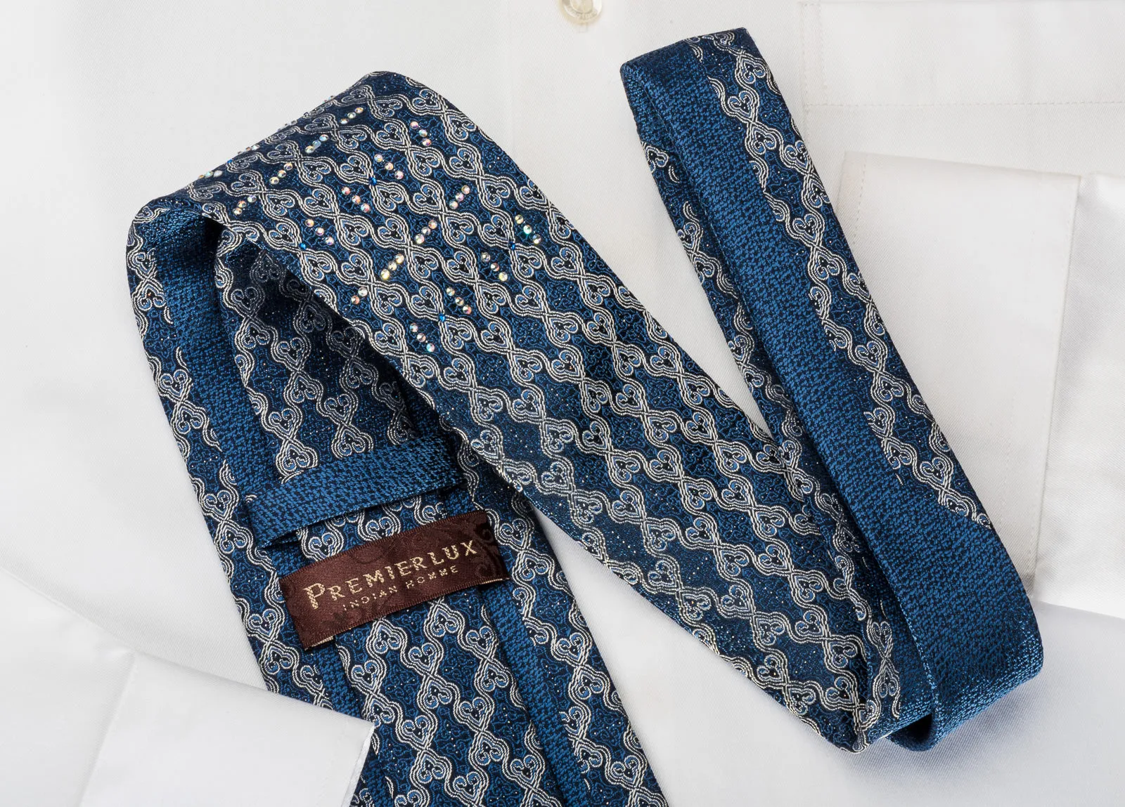 Premierlux Silk Rhinestone Necktie Cartouche On Blue With Silver Sparkles