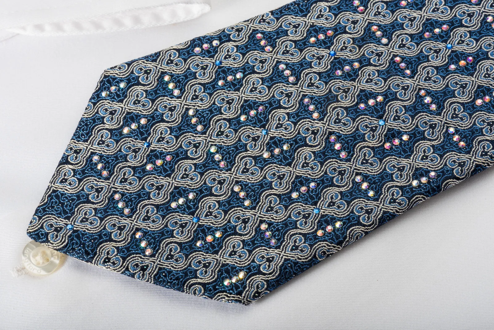 Premierlux Silk Rhinestone Necktie Cartouche On Blue With Silver Sparkles