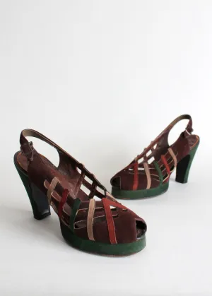 Vintage 1940s Fall Colors Suede Platform Sandals Size 7.5