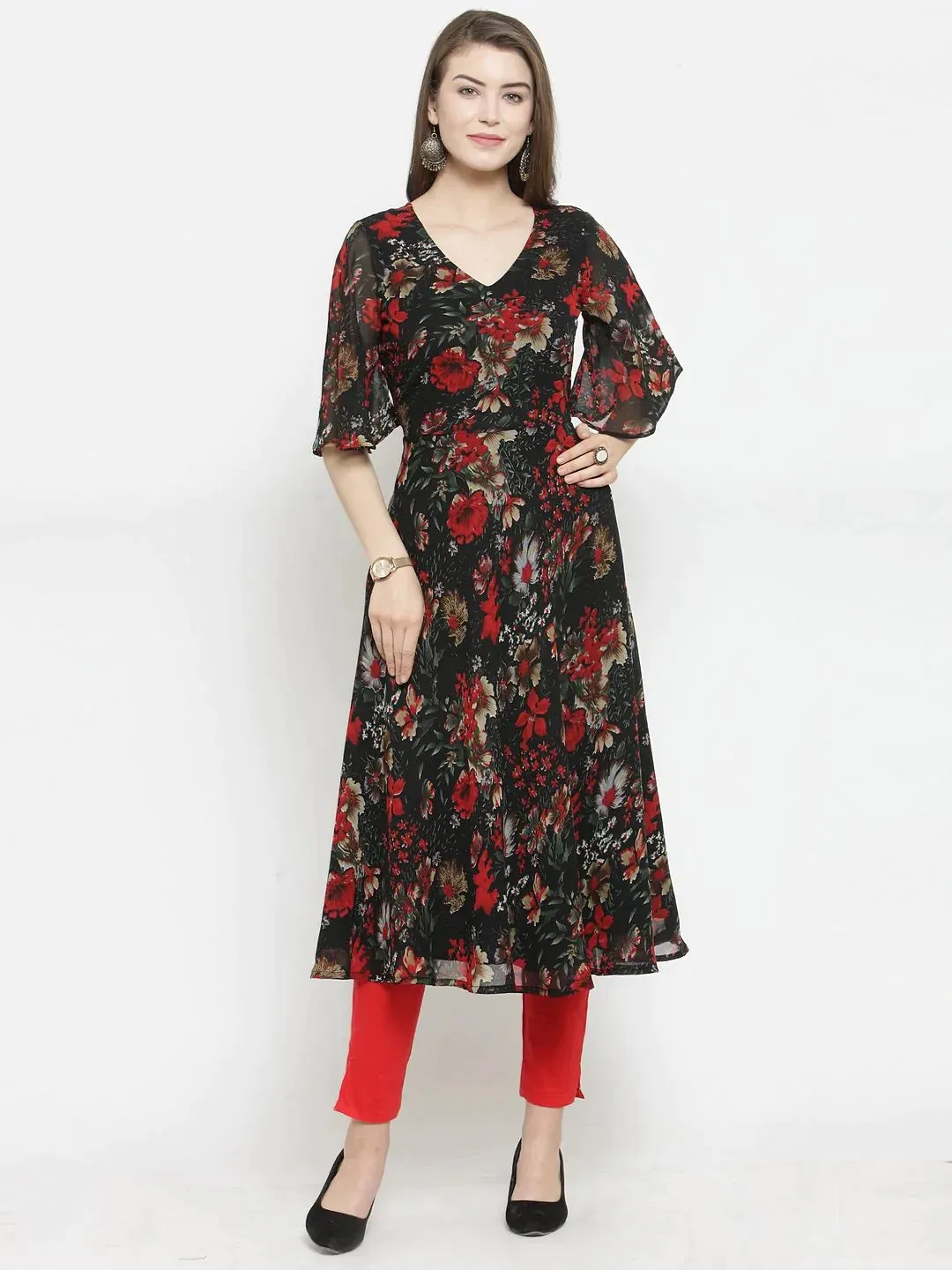 Women Black & Red Floral Printed Gorgette Flared Kurta